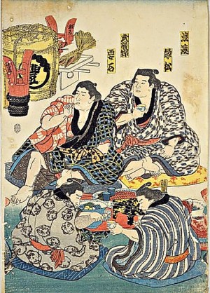 国立国会図書館デジタルコレクション「東之方関取相撲繁栄遊宴之図　剣山・広ノ海・稲川・小柳・浪渡・緑松・武蔵野・要石・常山・杣ケ花・雲早山・鏡岩 (相撲繁栄遊宴之図)」を加工して作成