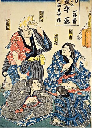 国立国会図書館デジタルコレクション「東之方関取相撲繁栄遊宴之図　剣山・広ノ海・稲川・小柳・浪渡・緑松・武蔵野・要石・常山・杣ケ花・雲早山・鏡岩 (相撲繁栄遊宴之図)」を加工して作成
